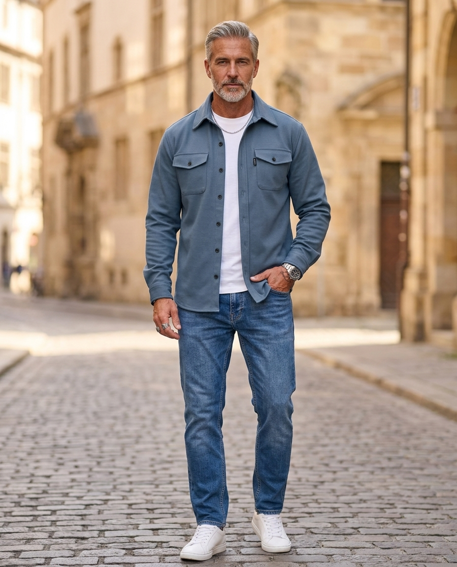 Man wearing blue chest-pocket overshirt