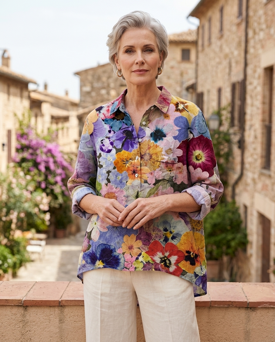 Woman in her early 50s wearing a floral print blouse