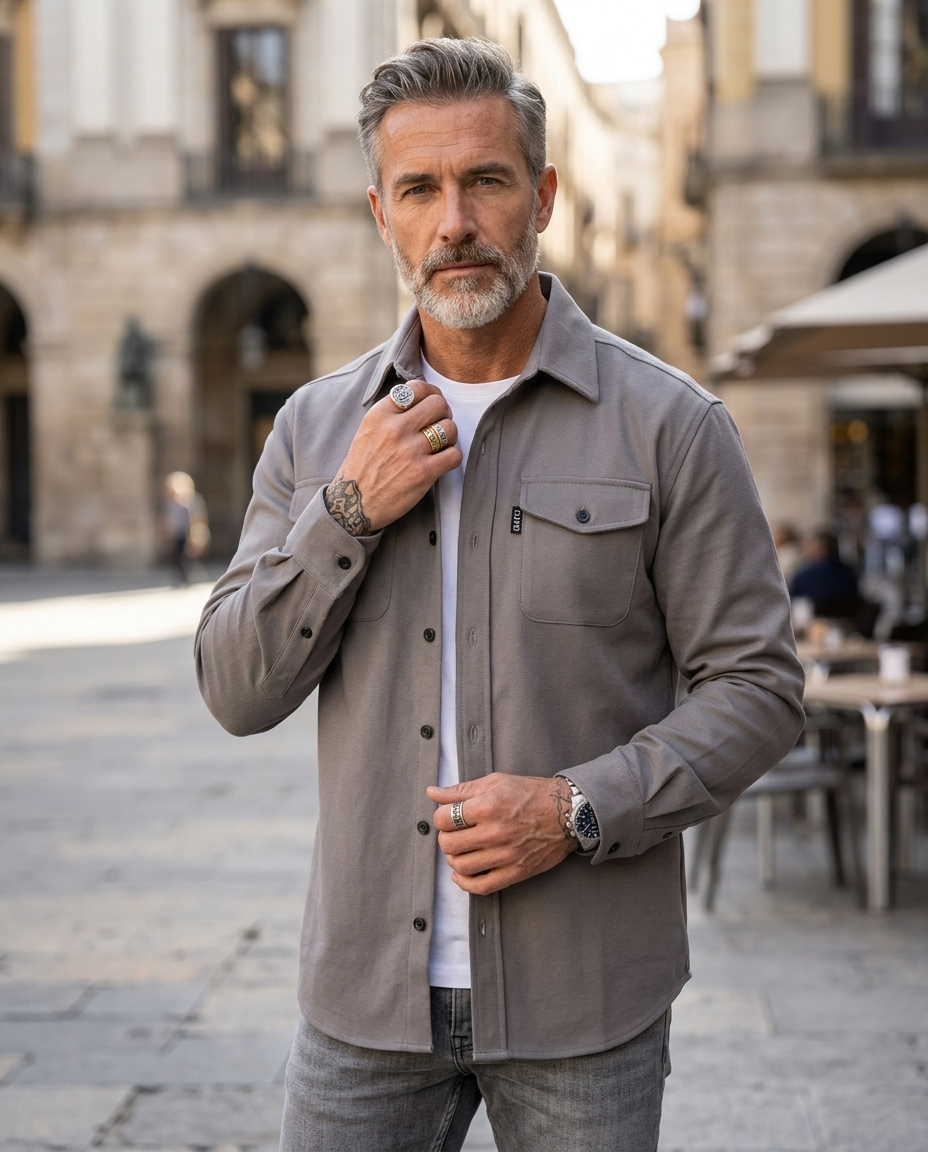Man wearing grey chest-pocket overshirt