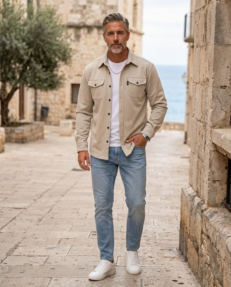 Man wearing light grey chest-pocket overshirt