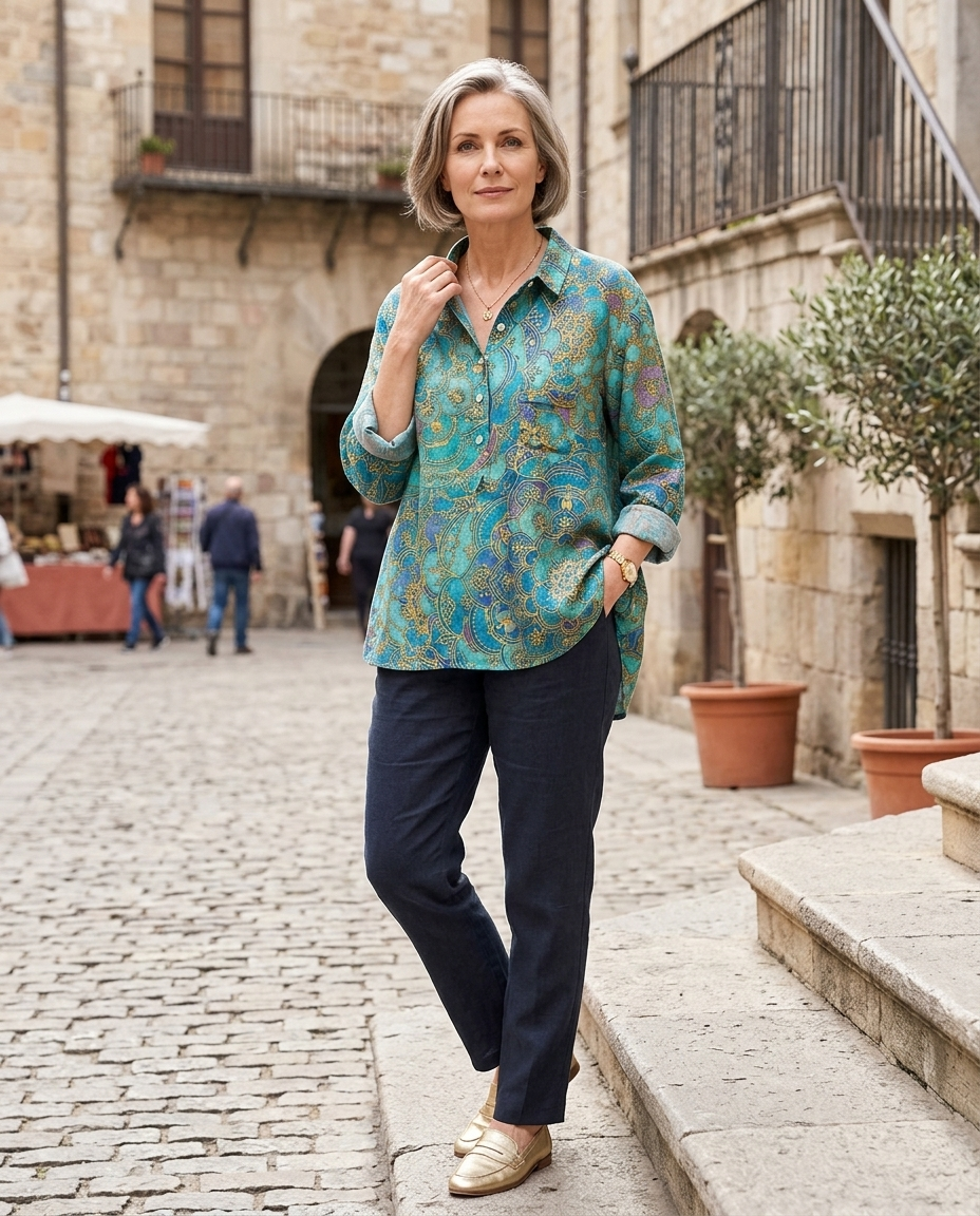 Woman in her early 50s wearing a floral print blouse