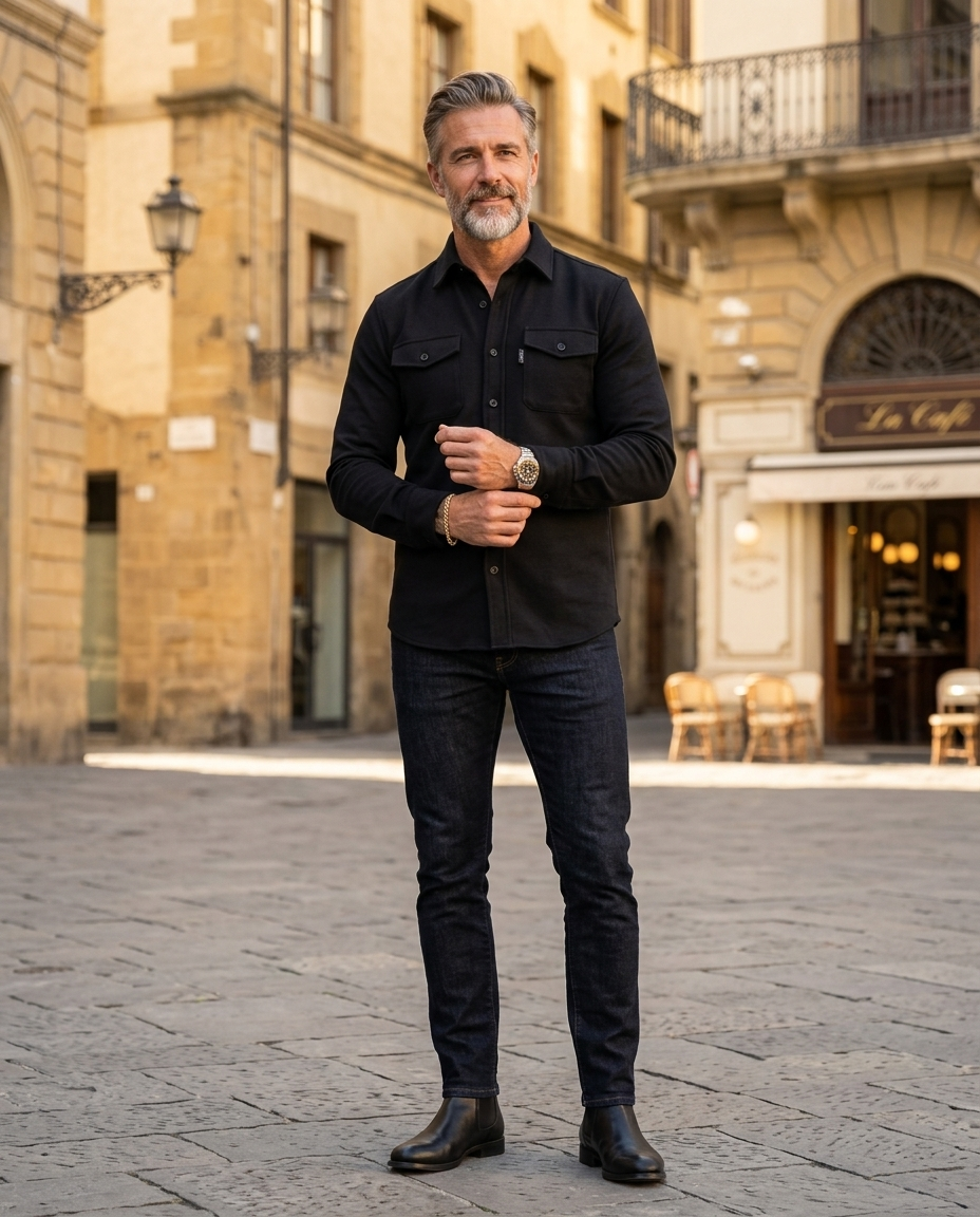 Man wearing black chest-pocket overshirt