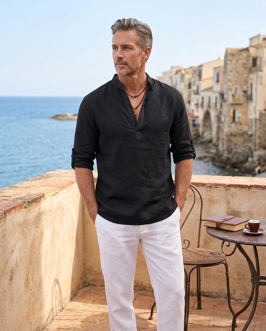 Barnaby | Men's Linen Stand-Collar Long-Sleeve Shirt in Black