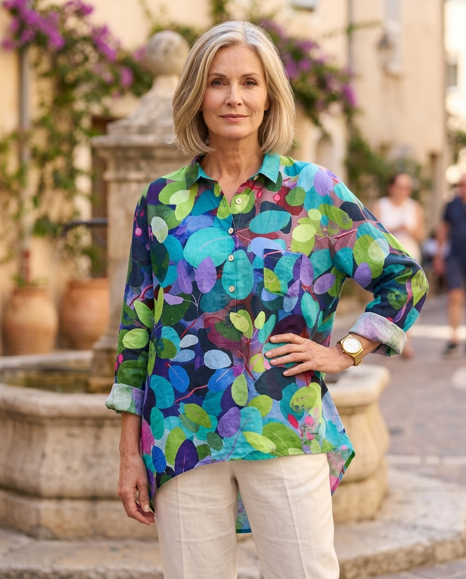 Woman in her early 50s wearing a floral print blouse