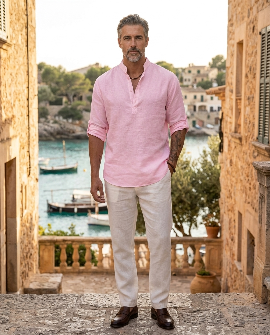 Barnaby | Men's Linen Stand-Collar Long-Sleeve Shirt in Pink