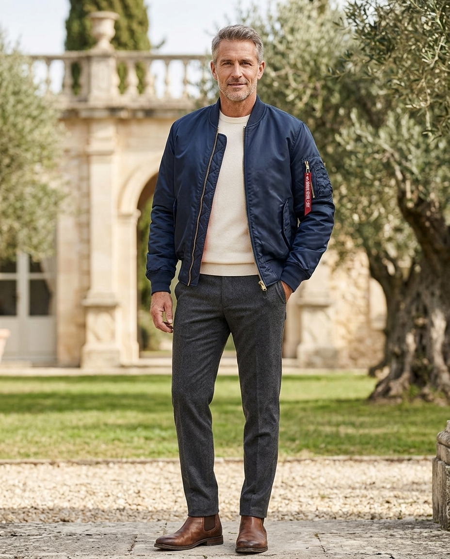 Reginald Men's Quilted-Lined Bomber Jacket in Navy Blue