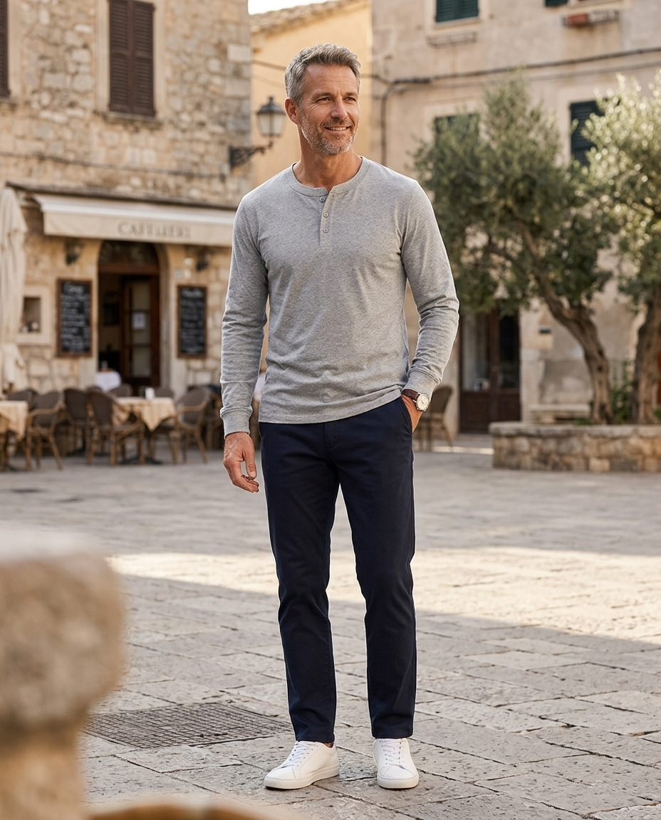 Man wearing light grey casual long-sleeve button shirt