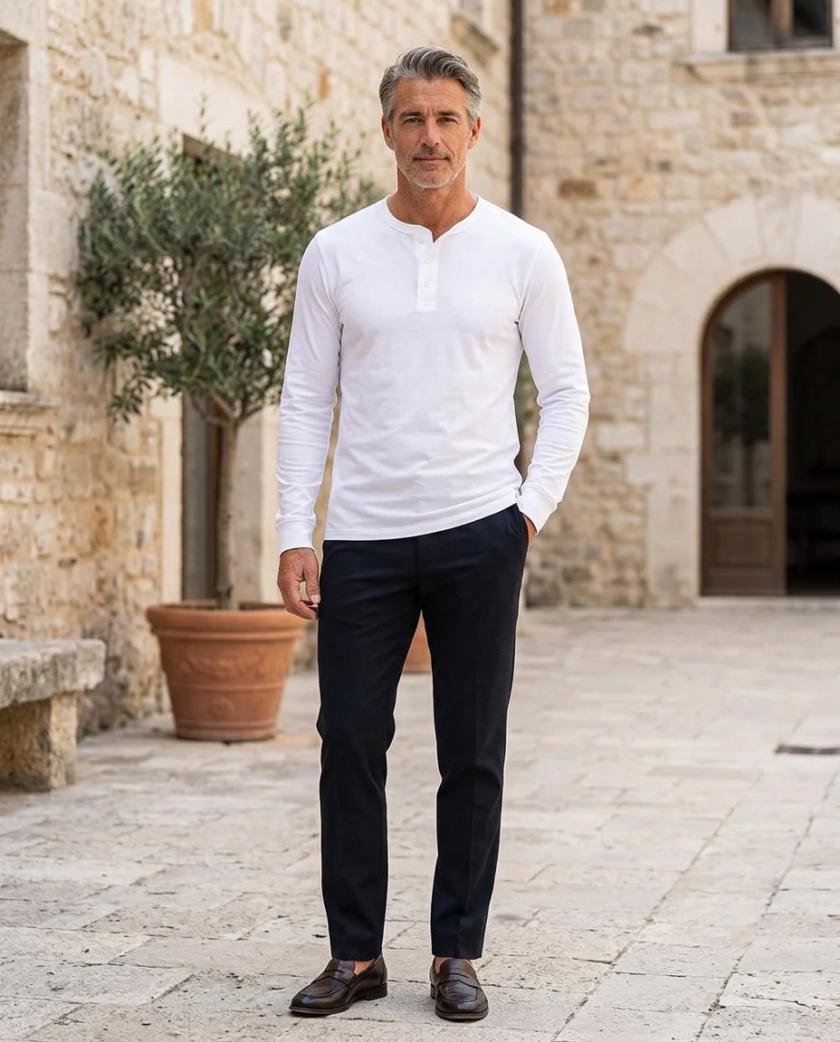 Man wearing white casual long-sleeve button shirt