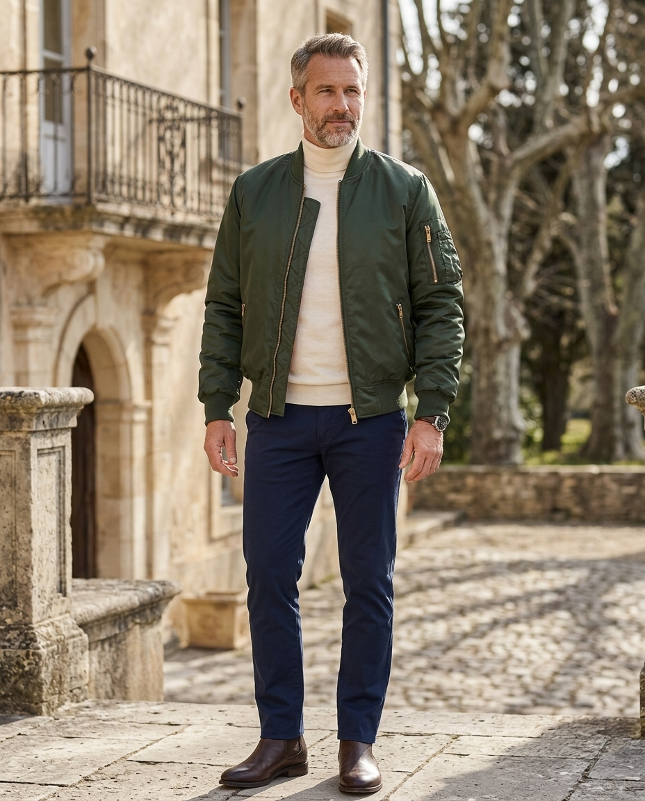 Reginald Men's Quilted-Lined Bomber Jacket in Olive