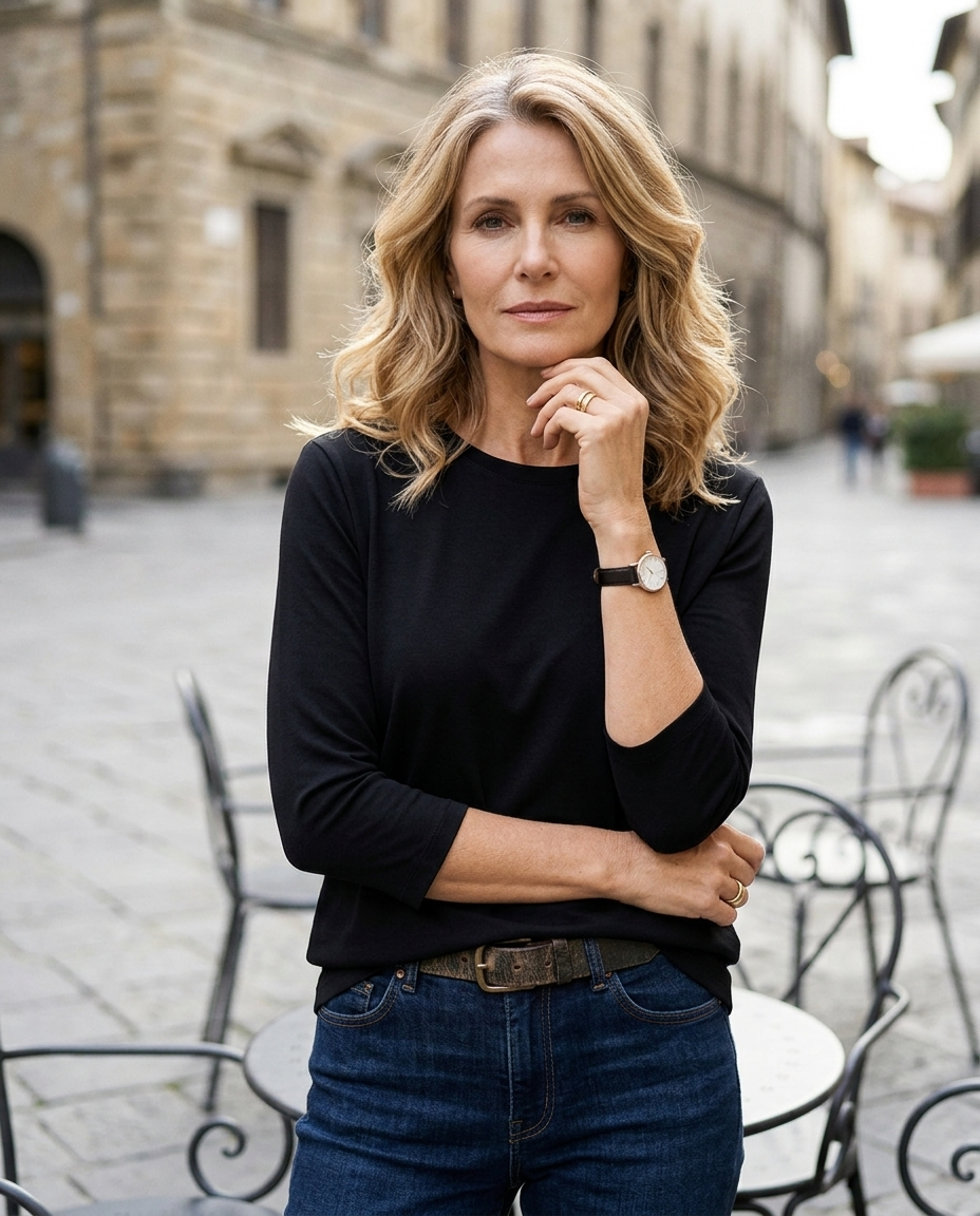 Woman in her early 50s wearing a black crew neck three-quarter sleeve top