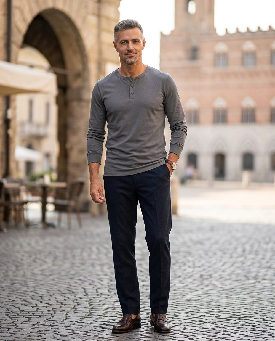 Man wearing dark grey casual long-sleeve button shirt