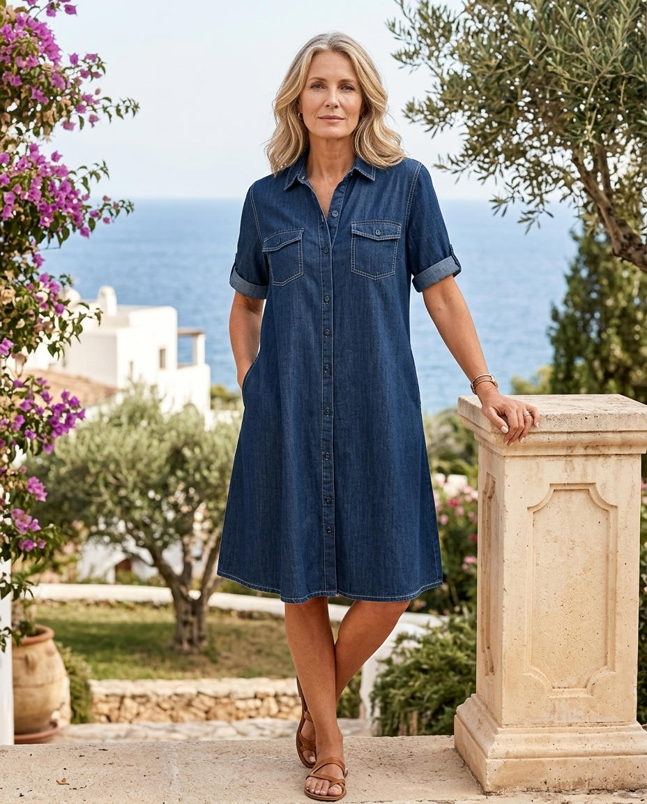 Hyacinth | Women's Denim-Look Button-Down Shirt Dress
