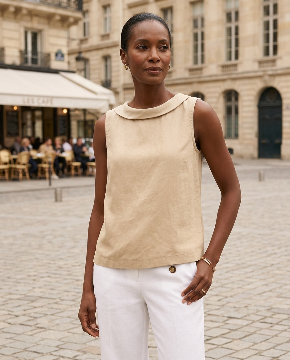 Delphine | Women's Sleeveless Roll-Collar Top