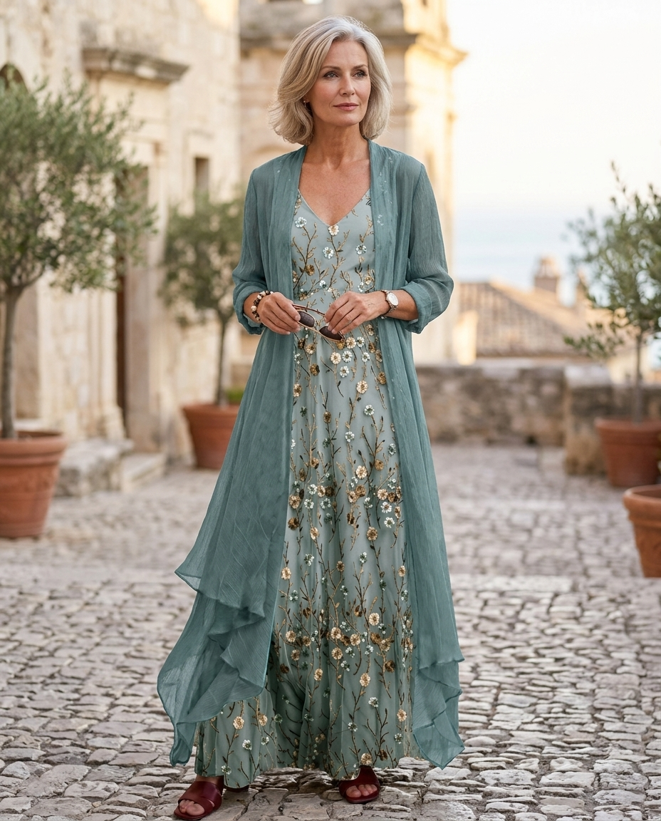 Rosabel | Women's Floral V-Neck Maxi Dress Set with Duster Cardigan