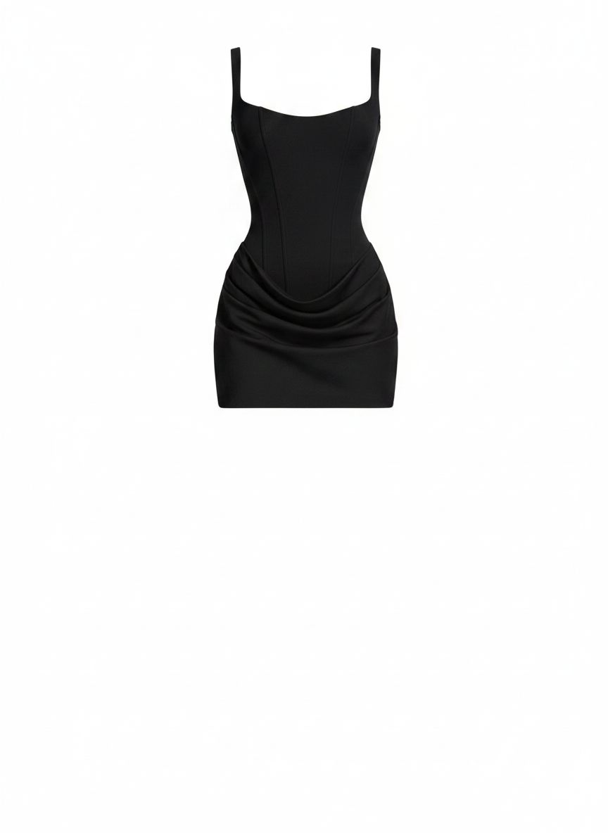 Black corset ruched bodycon mini party dress, front