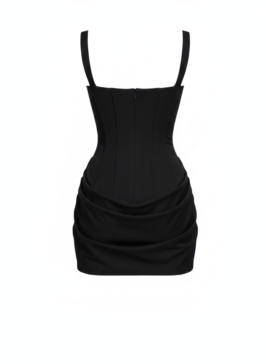Black corset ruched bodycon mini party dress, back detail
