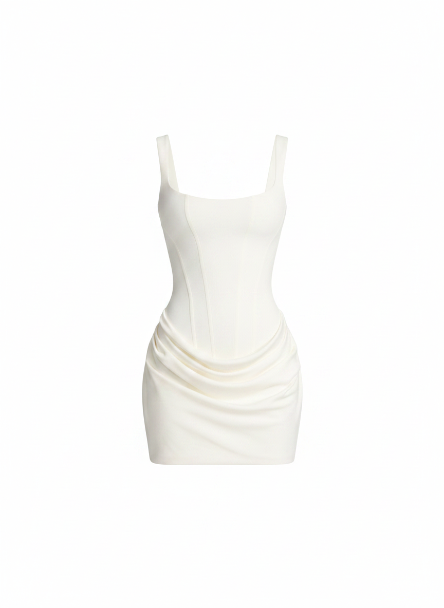 White corset ruched bodycon mini party dress, front