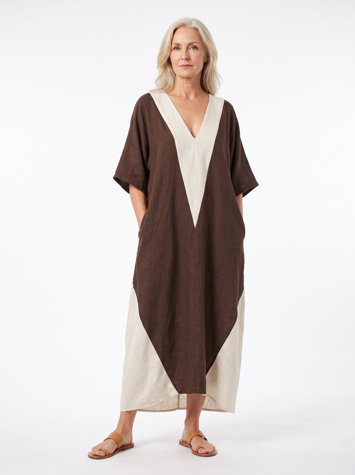 Roberta | Women's Colour-Block Linen Kaftan Maxi Dress on model