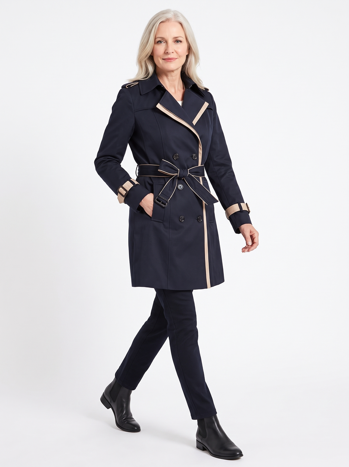 Harriet | Women's Contrast-Trim Belted Double-Breasted Trench Coat model2