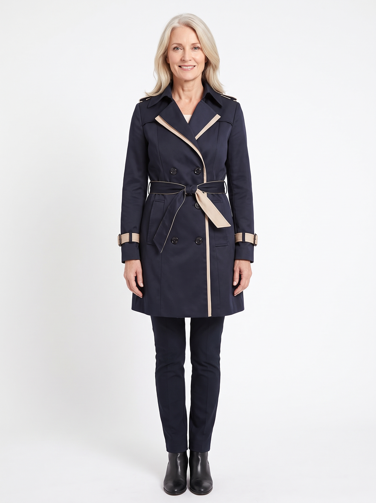 Harriet | Women's Contrast-Trim Belted Double-Breasted Trench Coat model1