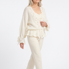 June-Esther | Women's Pointelle Lace Poet-Sleeve Knit Cardigan model2
