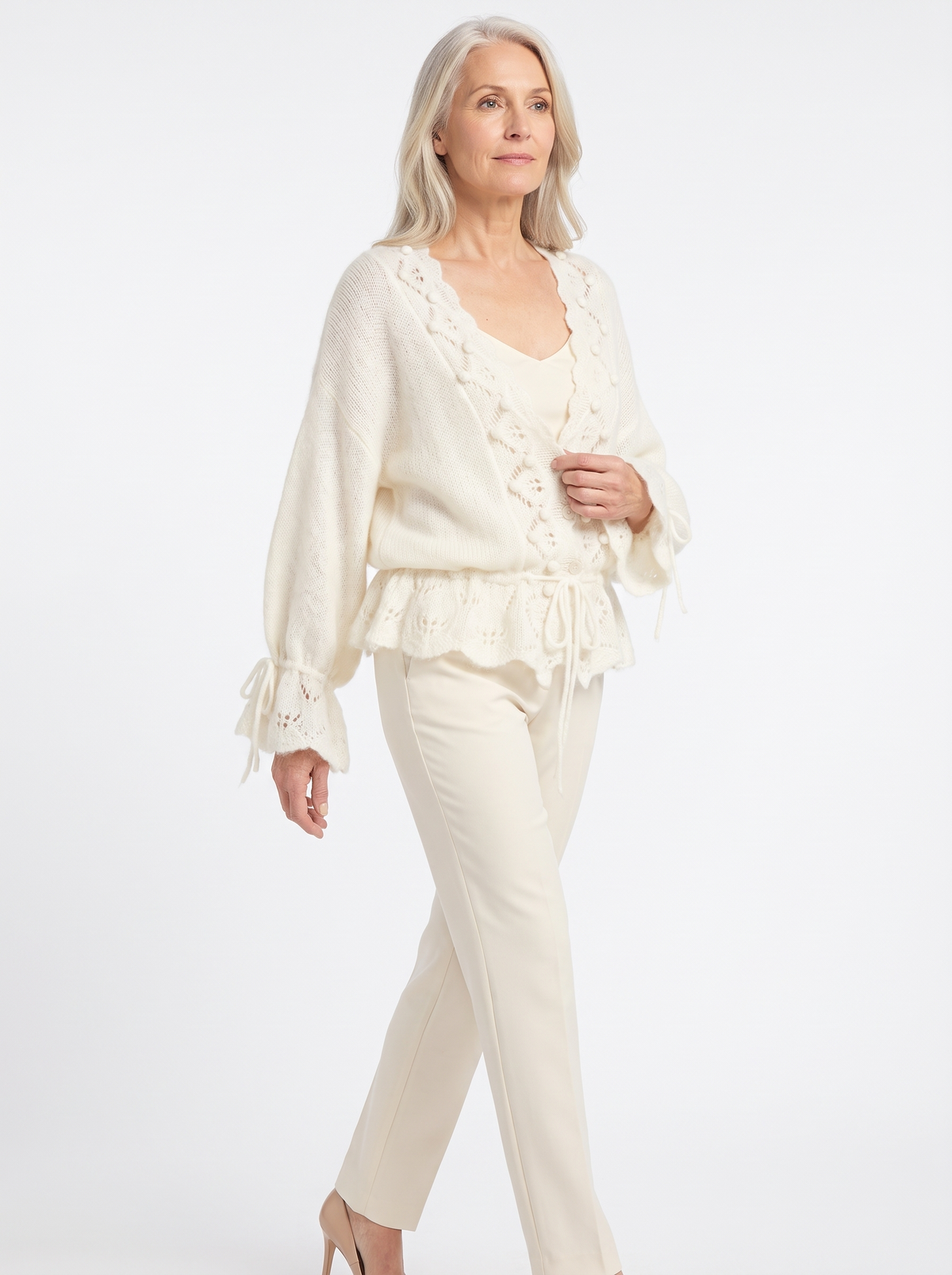 June-Esther | Women's Pointelle Lace Poet-Sleeve Knit Cardigan model2
