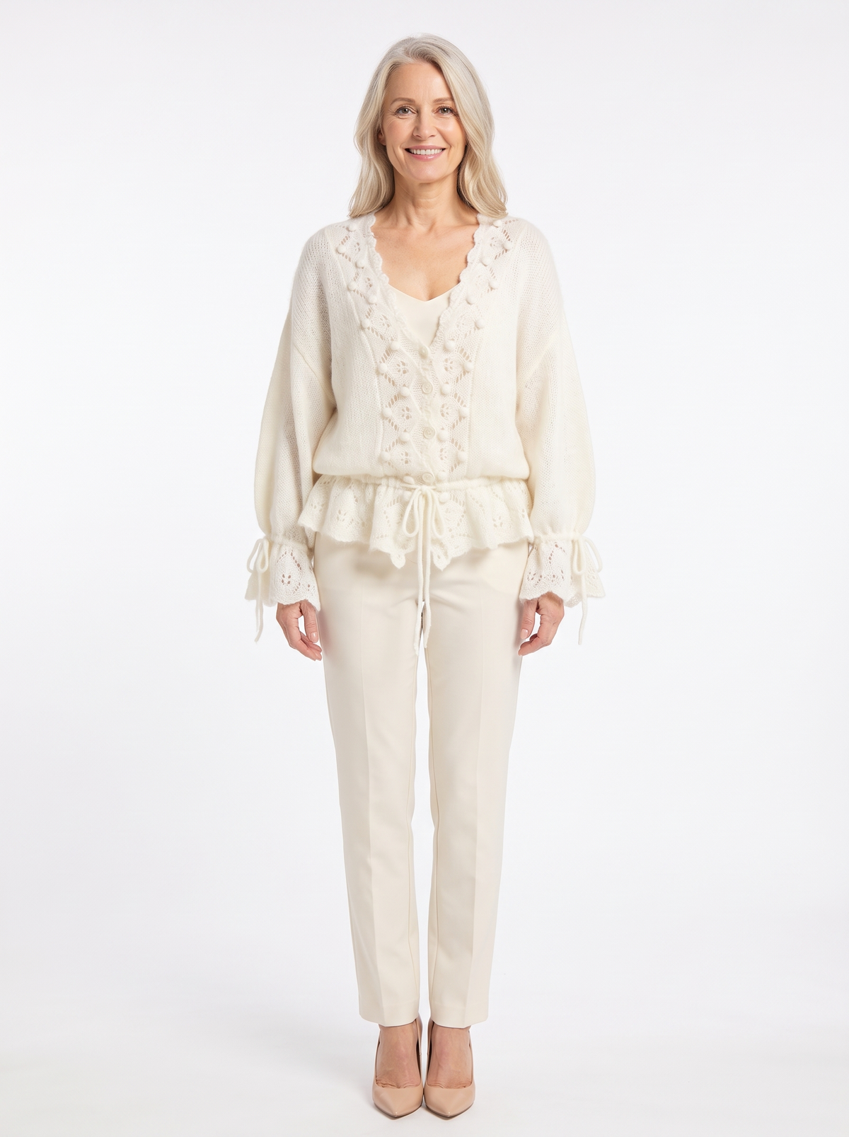 June-Esther | Women's Pointelle Lace Poet-Sleeve Knit Cardigan model1