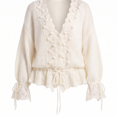 June-Esther | Women's Pointelle Lace Poet-Sleeve Knit Cardigan front