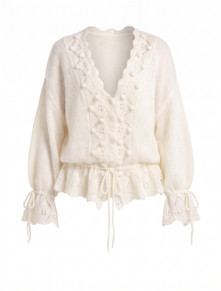 June-Esther | Women's Pointelle Lace Poet-Sleeve Knit Cardigan front