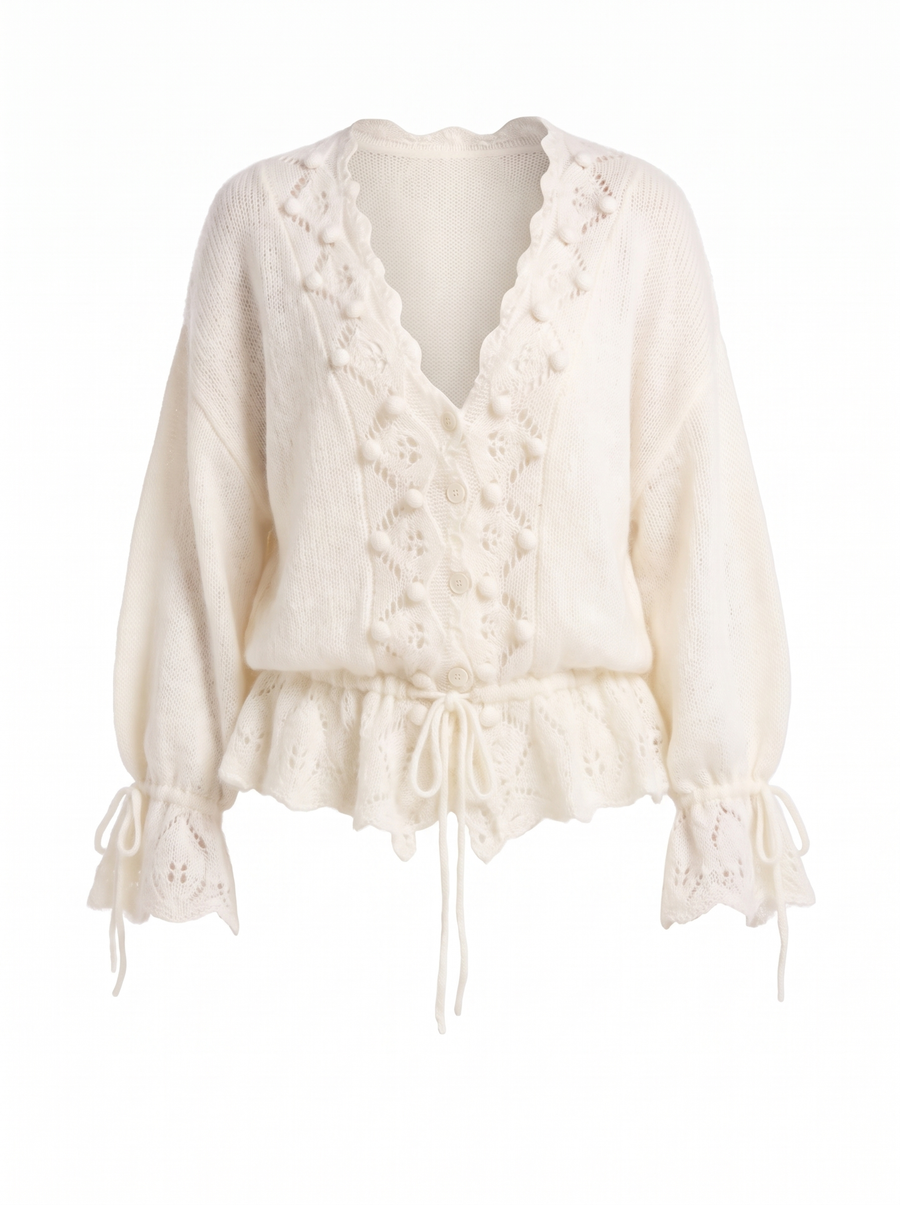 June-Esther | Women's Pointelle Lace Poet-Sleeve Knit Cardigan front