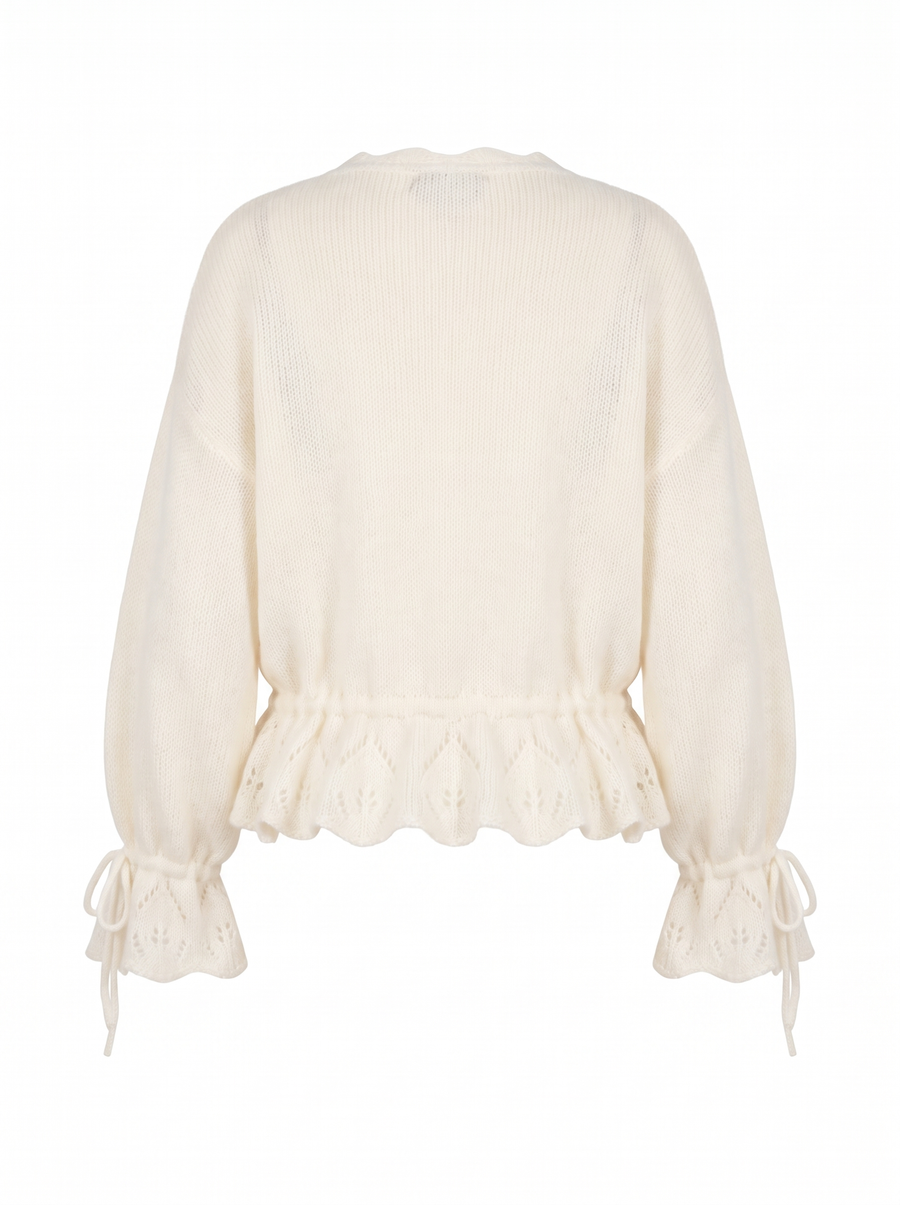 June-Esther | Women's Pointelle Lace Poet-Sleeve Knit Cardigan back