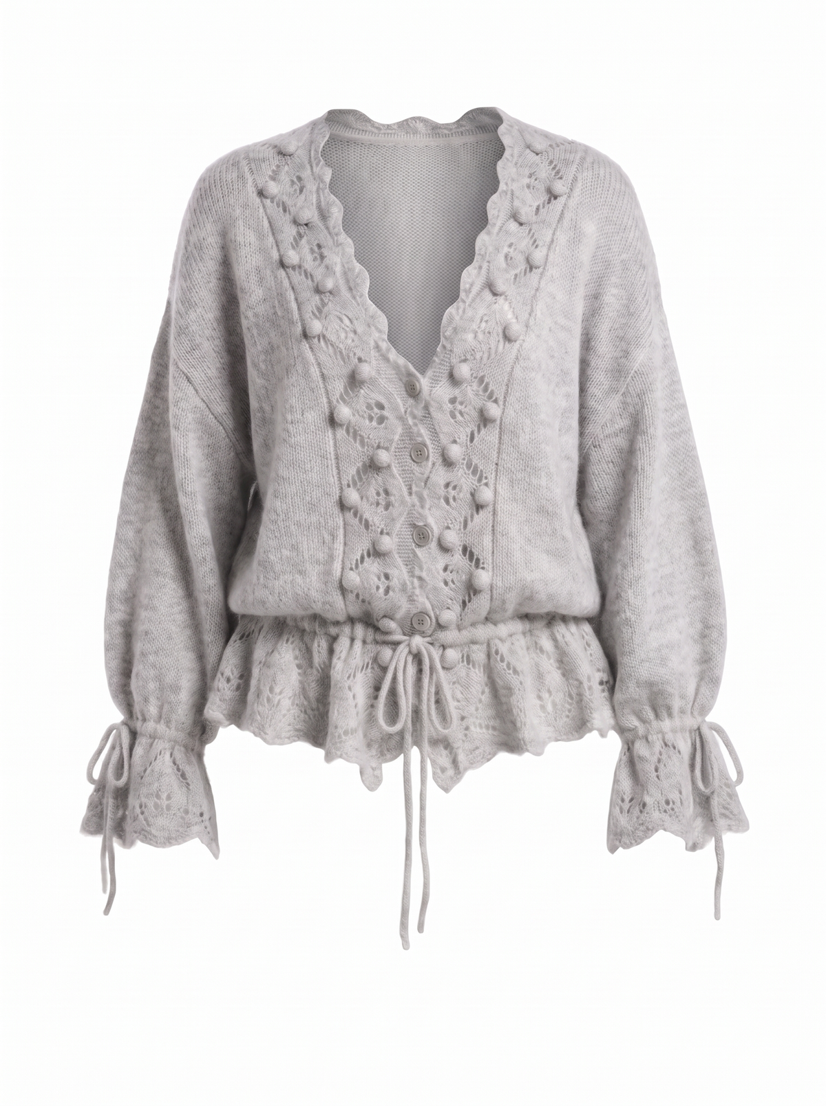 June-Esther | Women's Pointelle Lace Poet-Sleeve Knit Cardigan grey front