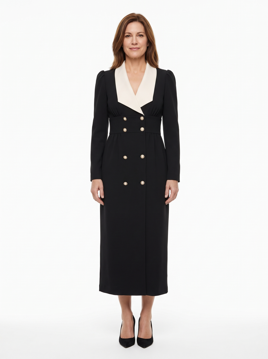 Woman wearing the black midi dress with cream contrast collar, front view