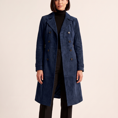 Marisa | Women's Longline Double-Breasted Tailored Trench Coat - Navy Blue