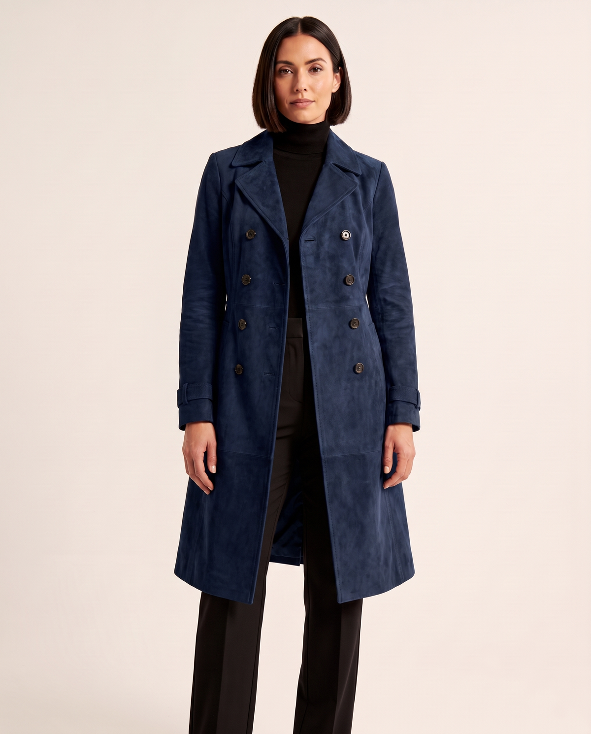 Marisa | Women's Longline Double-Breasted Tailored Trench Coat - Navy Blue