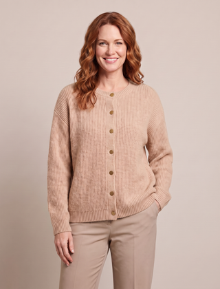 Noemi | Women's Button-Front Crew Neck Cardigan - Beige