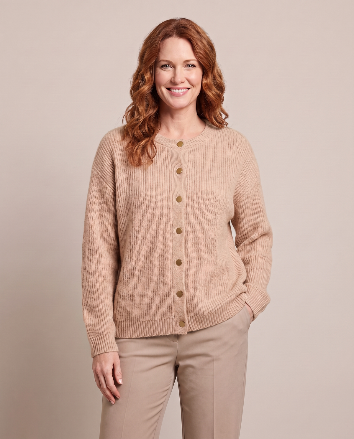 Noemi | Women's Button-Front Crew Neck Cardigan - Beige