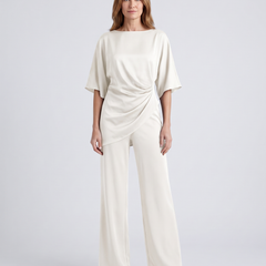 Paige | Women's Satin-Feel Draped Top and Wide-Leg Trouser Set - White