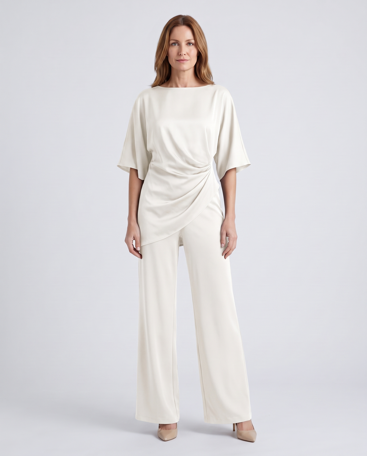 Paige | Women's Satin-Feel Draped Top and Wide-Leg Trouser Set - White