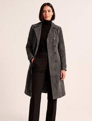 Marisa | Women's Longline Double-Breasted Tailored Trench Coat - Dark Grey