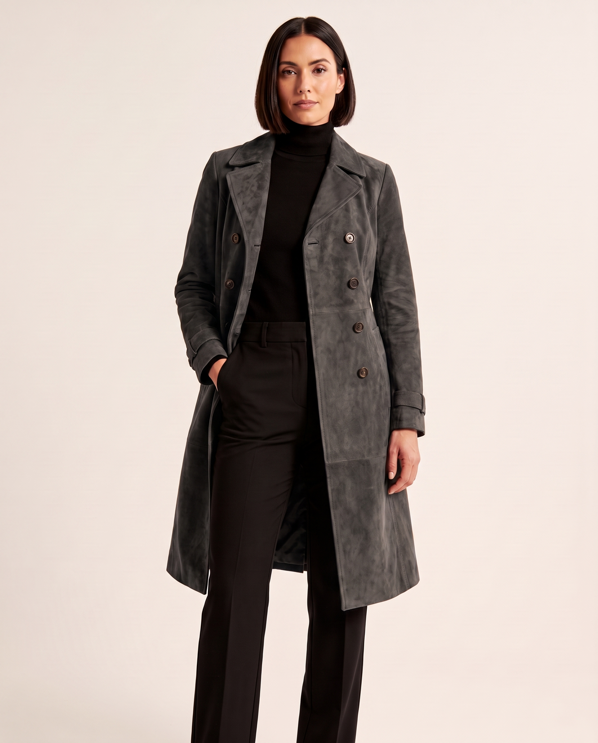 Marisa | Women's Longline Double-Breasted Tailored Trench Coat - Dark Grey