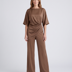 Paige | Women's Satin-Feel Draped Top and Wide-Leg Trouser Set - Brown