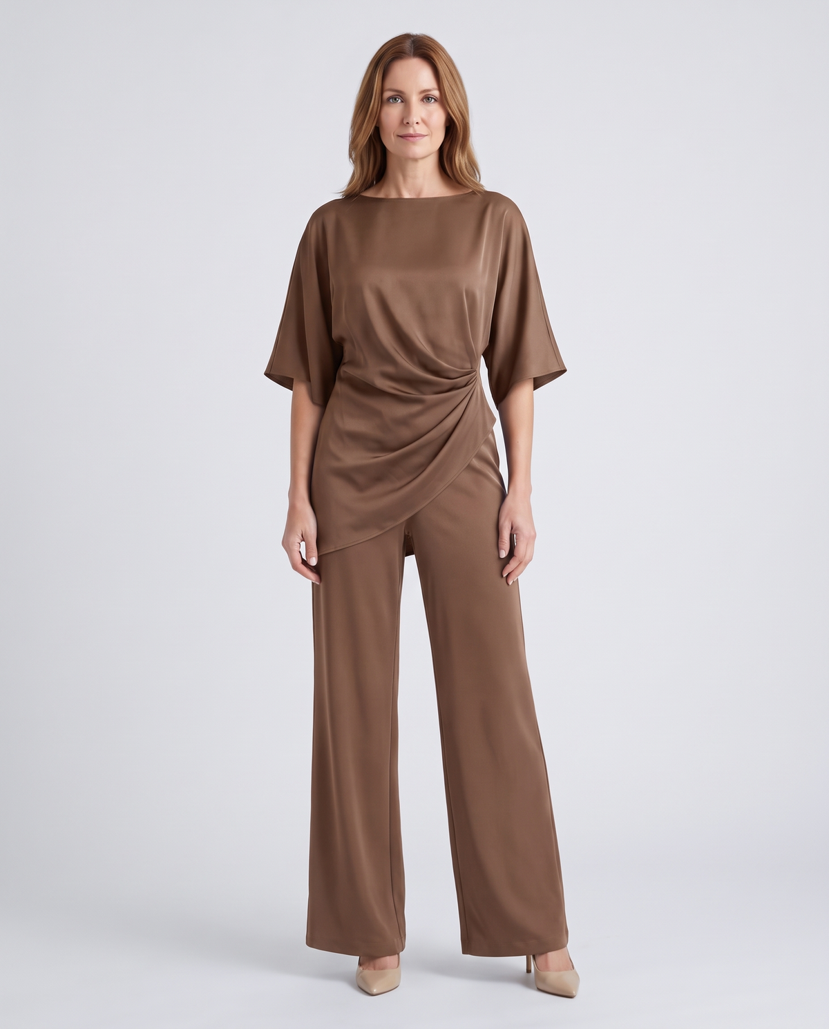Paige | Women's Satin-Feel Draped Top and Wide-Leg Trouser Set - Brown