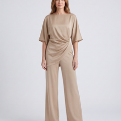 Paige | Women's Satin-Feel Draped Top and Wide-Leg Trouser Set - Beige