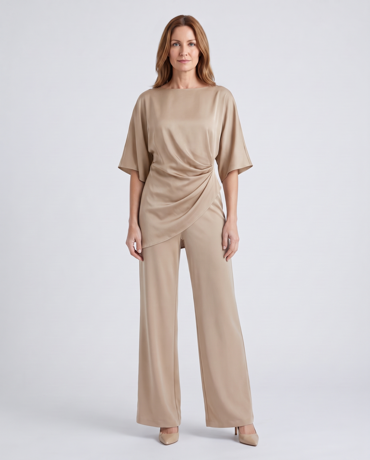 Paige | Women's Satin-Feel Draped Top and Wide-Leg Trouser Set - Beige
