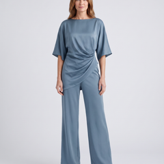 Paige | Women's Satin-Feel Draped Top and Wide-Leg Trouser Set - Blue