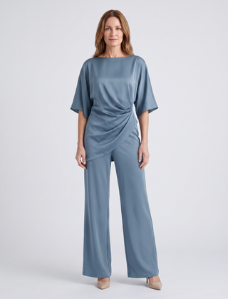 Paige | Women's Satin-Feel Draped Top and Wide-Leg Trouser Set - Blue