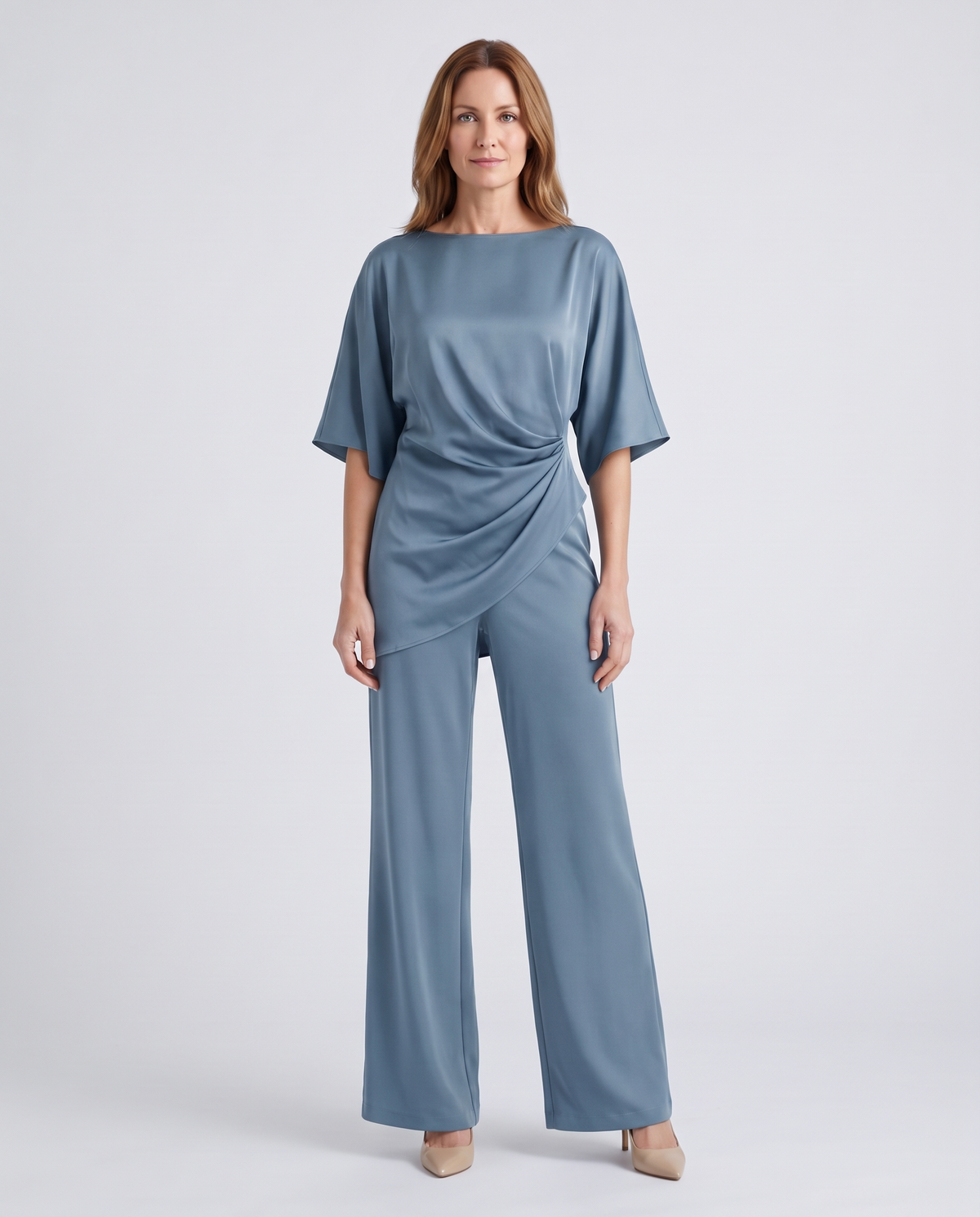 Paige | Women's Satin-Feel Draped Top and Wide-Leg Trouser Set - Blue