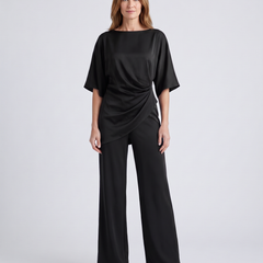 Paige | Women's Satin-Feel Draped Top and Wide-Leg Trouser Set - Black