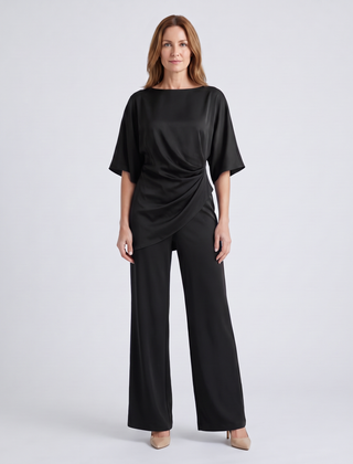 Paige | Women's Satin-Feel Draped Top and Wide-Leg Trouser Set - Black